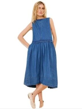 Free People Cotton Soraya Sky Blue Denim Drop Waist Pull On MidiDress Sz: Small
